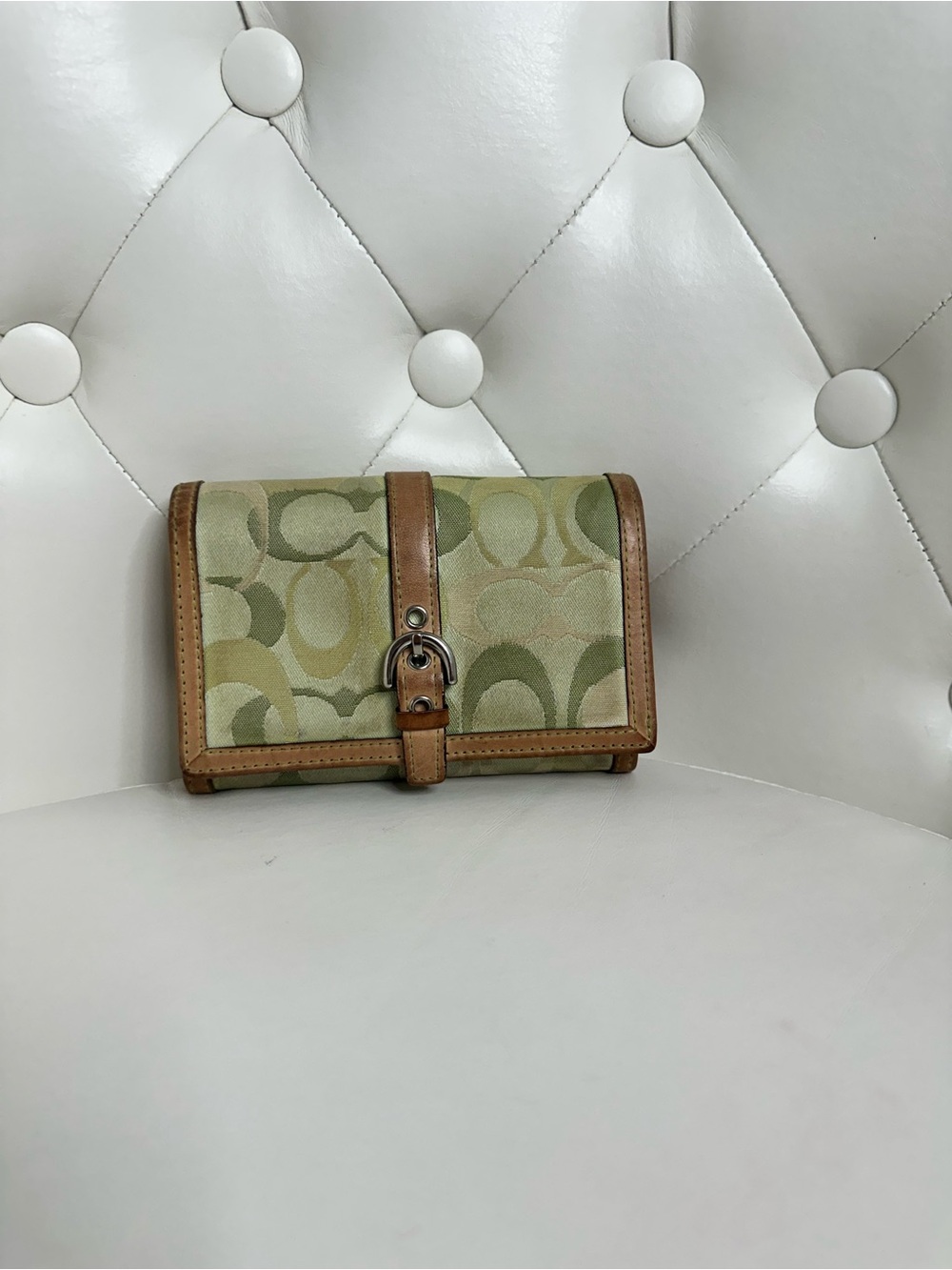 Coach Signature Canvas Wallet in Light Olive and Tan Leather Trim